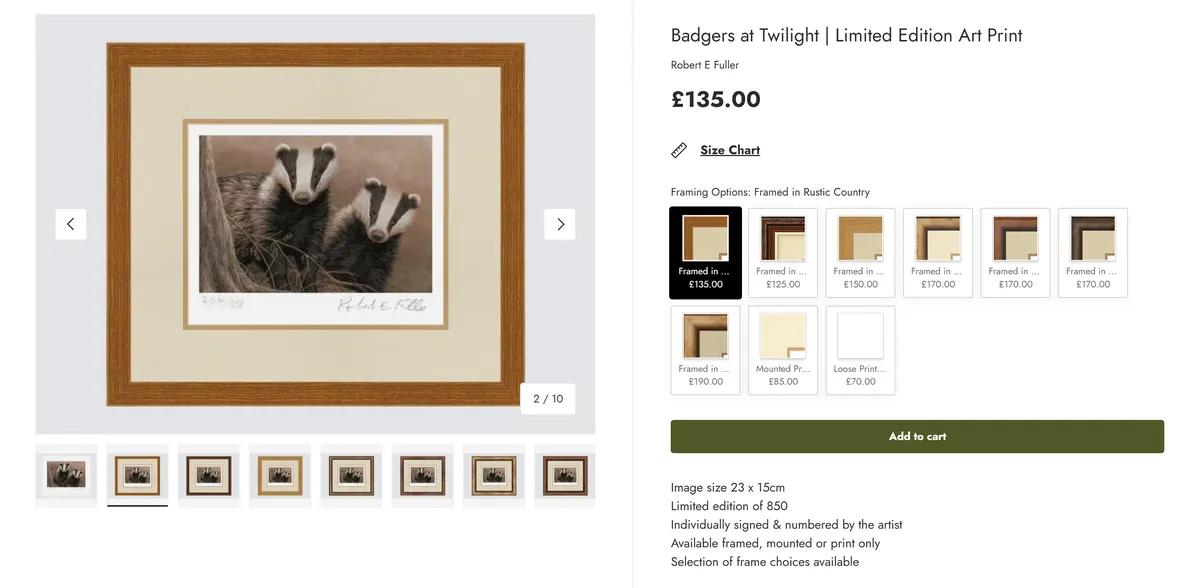 Robert E Fuller product page showing nine framing options each with its own price, from a loose print at 70 pounds to a framed print at 190 pounds
