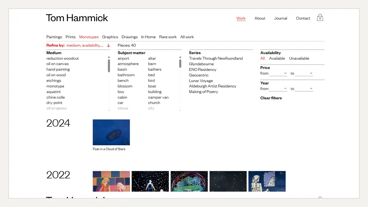 Tom Hammick refine panel, offering filters for medium, subject matter, series, availability, price and year