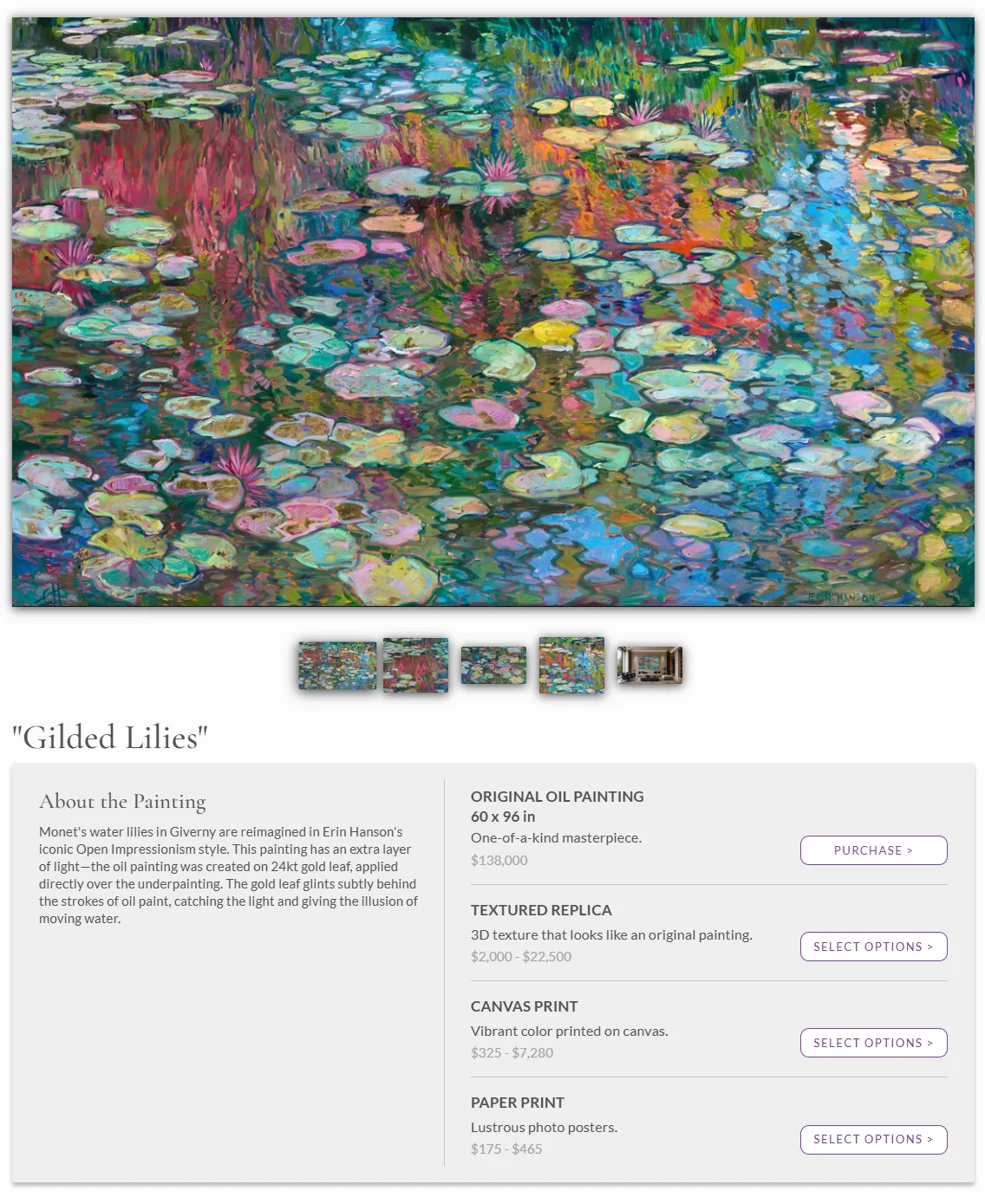 Erin Hanson artwork page for the painting Gilded Lilies, showing the original oil painting, a textured replica, canvas prints and paper prints, each with its own price