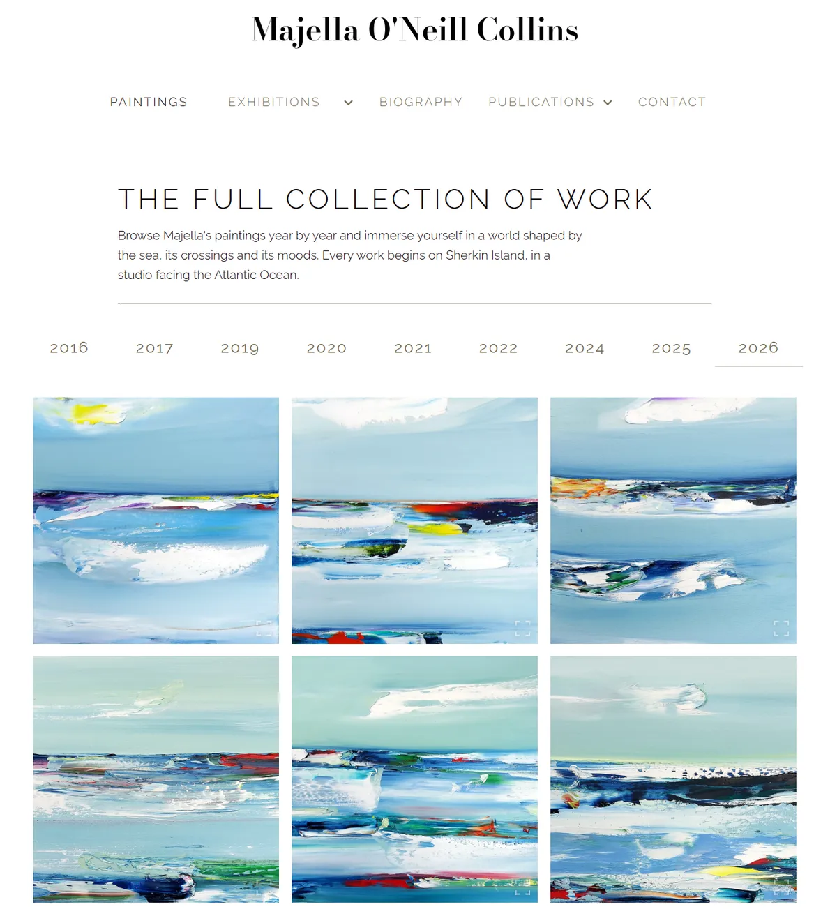 Majella O’Neill Collins paintings index, filed by year from 2016 to 2026, with six seascape paintings shown large on a white ground