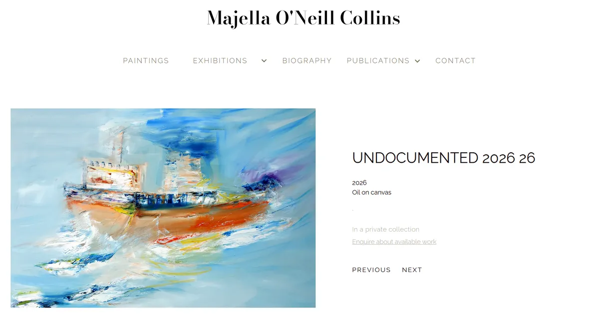 Work page for the painting Undocumented 2026 26, showing the title, year and medium as text, a private collection status and an enquiry link