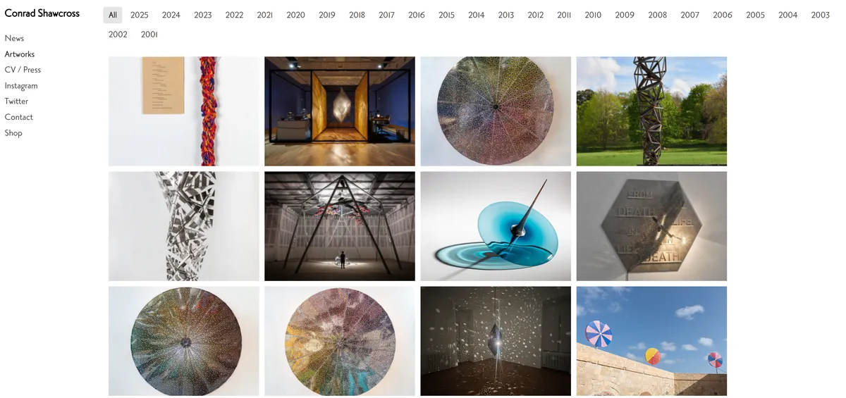 Conrad Shawcross artworks catalogue, filtered by year from 2001 to 2025, above a grid of sculptures and installations
