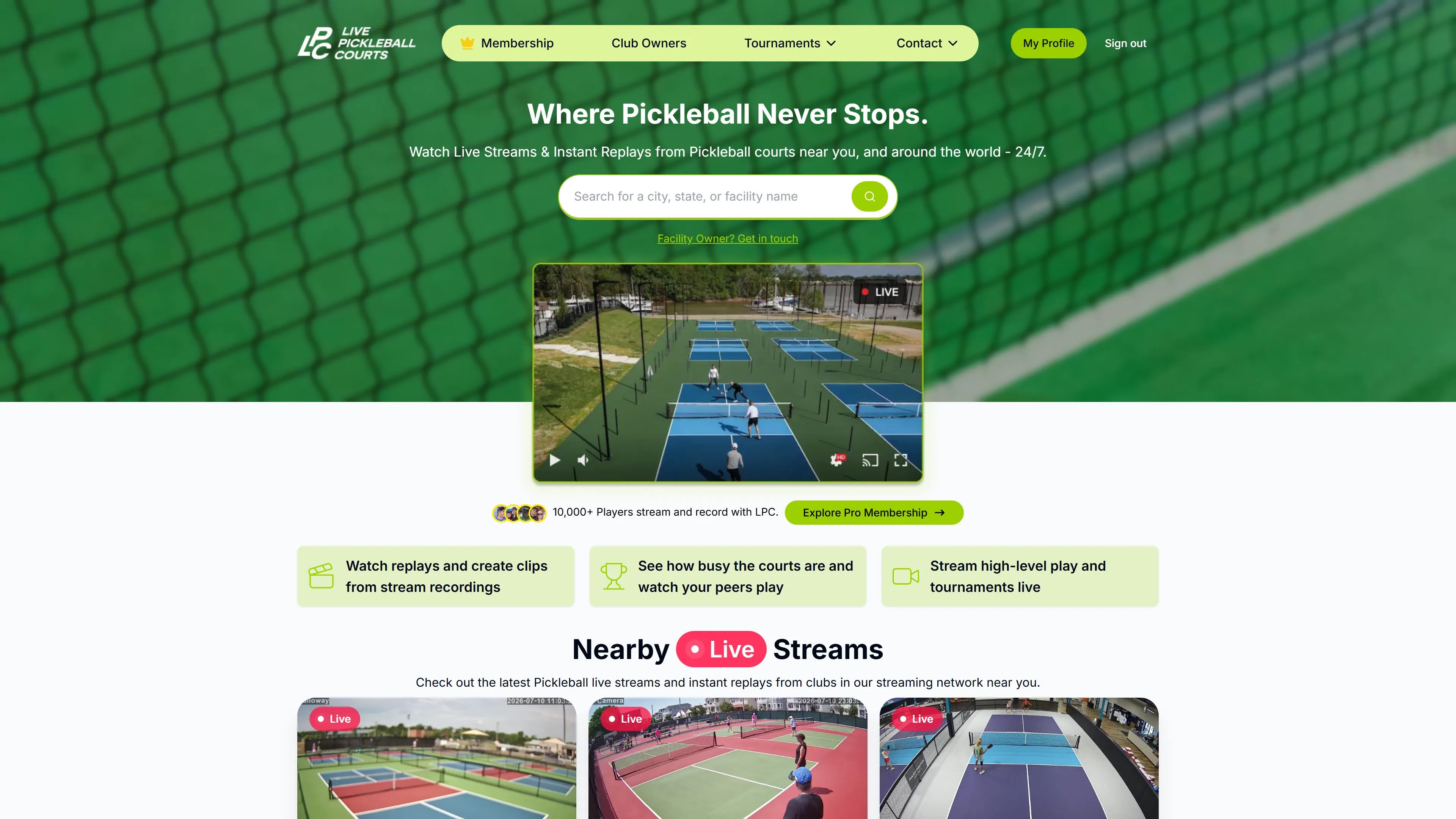 Live Pickleball website homepage
